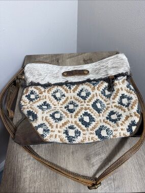 Myra Bag Crossbody with Cream, Brown, Blue Pattern & White Haircalf Trim